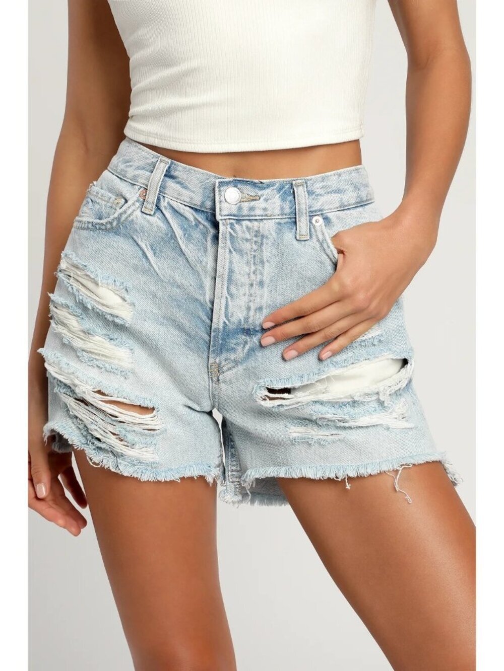 Free People We the Free Maggie Mid Rise Light Stone Distressed Jean Shorts Sz 27